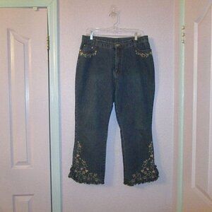 VTG Shyger EMBROIDERED Flare Size 12 33 JEANS Crop RHINESTONES Ruffle Hems BOHO
